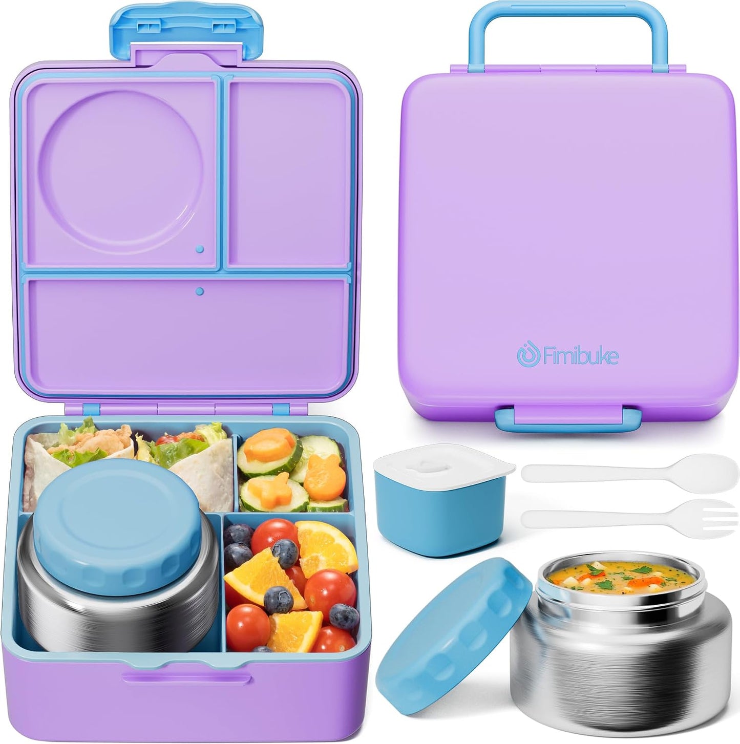 Fimibuke Bento Box for Kids Adult, BPA Free & Leakproof Toddler Lunch Box with 8.5oz Insulated Thermo Food Jar, Utensils & Sauce Jar, Dishwasher Safe 3 or 4 Compartment Container for School Girls Boys