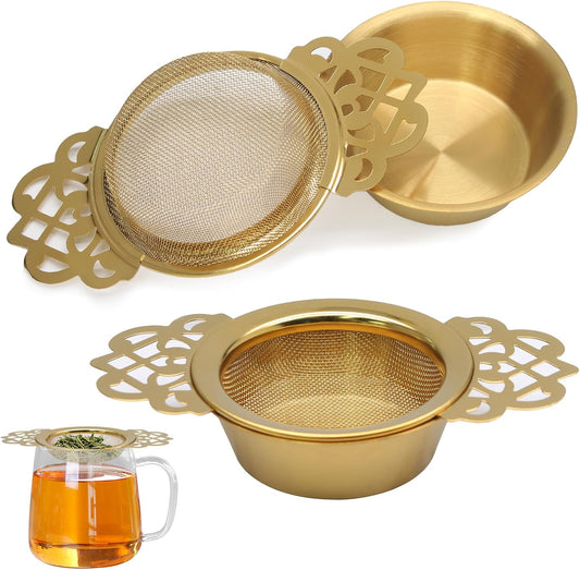 Tea Strainers with Drip Bowls, Gold, 2 Pack