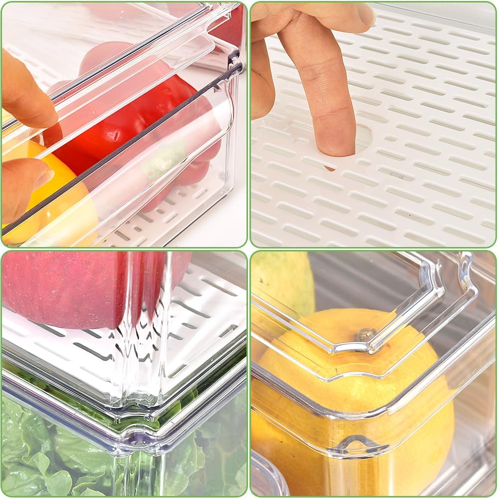 Stackable Refrigerator Organizer Bins with Lids, Fridge Organization and Storage Containers, BPA-Free Plastic Pantry Bins for Fruits, Vegetable, Drinks With Drain Tray, Set Of 10