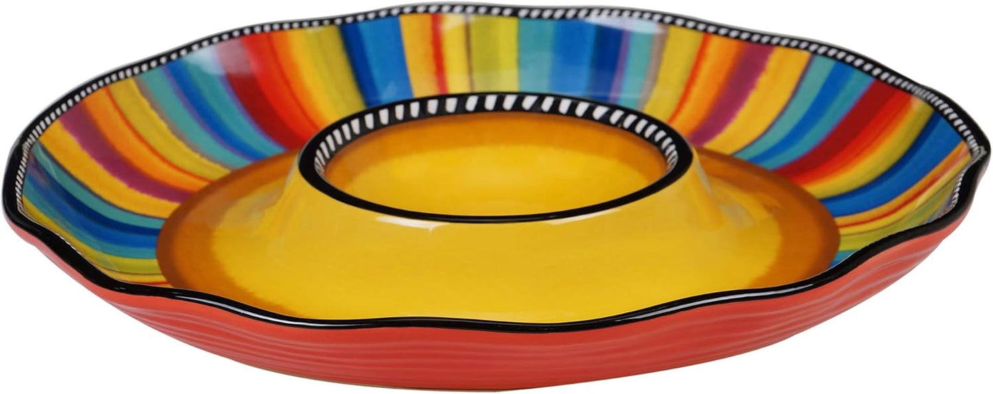 Sierra 13.5" Chip & Dip Platter – Great for Parties, Game Day, and Appetizers – Colorful Multicolor Ceramic Snack Server