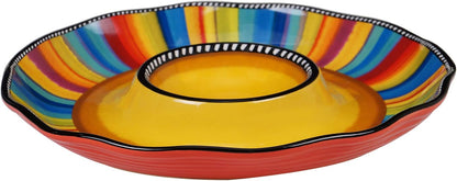 Sierra 13.5" Chip & Dip Platter – Great for Parties, Game Day, and Appetizers – Colorful Multicolor Ceramic Snack Server