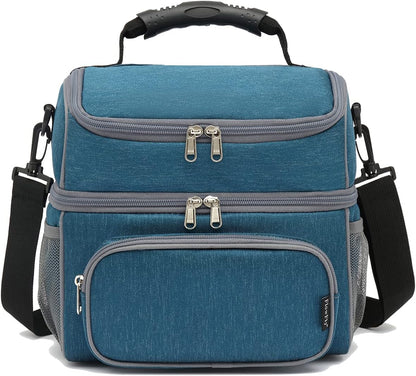 FlowFly Double Layer Cooler Insulated Lunch Bag Adult Lunch Box Large Tote Bag for Men, Women, With Adjustable Strap,Front Pocket and Dual Large Mesh Side Pockets