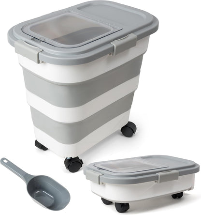 MALLMALL6 Dog Food Storage Container - Collapsible Pet Food Container with Spinner Wheels Scoop and Drying Box, Airtight Multifunctional Exlarge 20-30 LB Food Storage for Kitchen Dry Food Rice