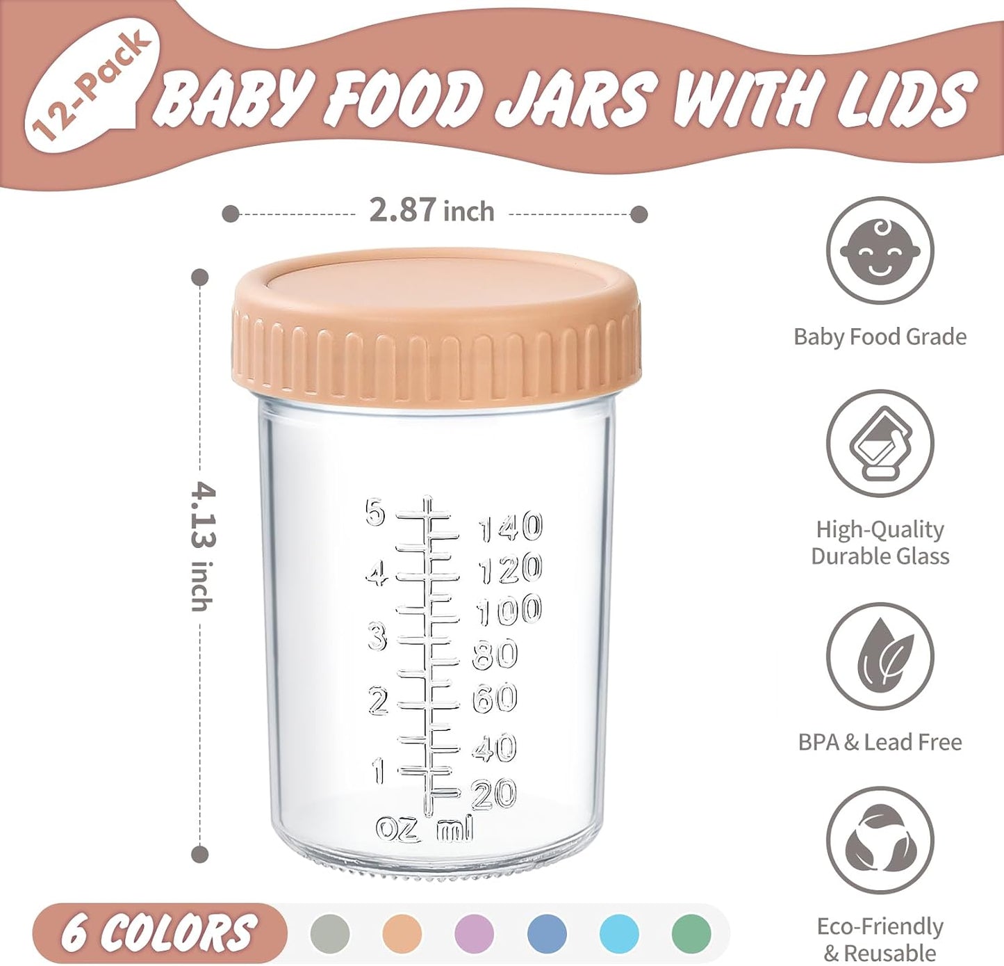 DRKIO 12 Pack Glass Baby Food Storage Containers - 4 Oz Baby Food Jars with Lids Baby Food Maker Microwave Dishwasher Freezer Safe 100% Leak Proof BPA Free Reusable