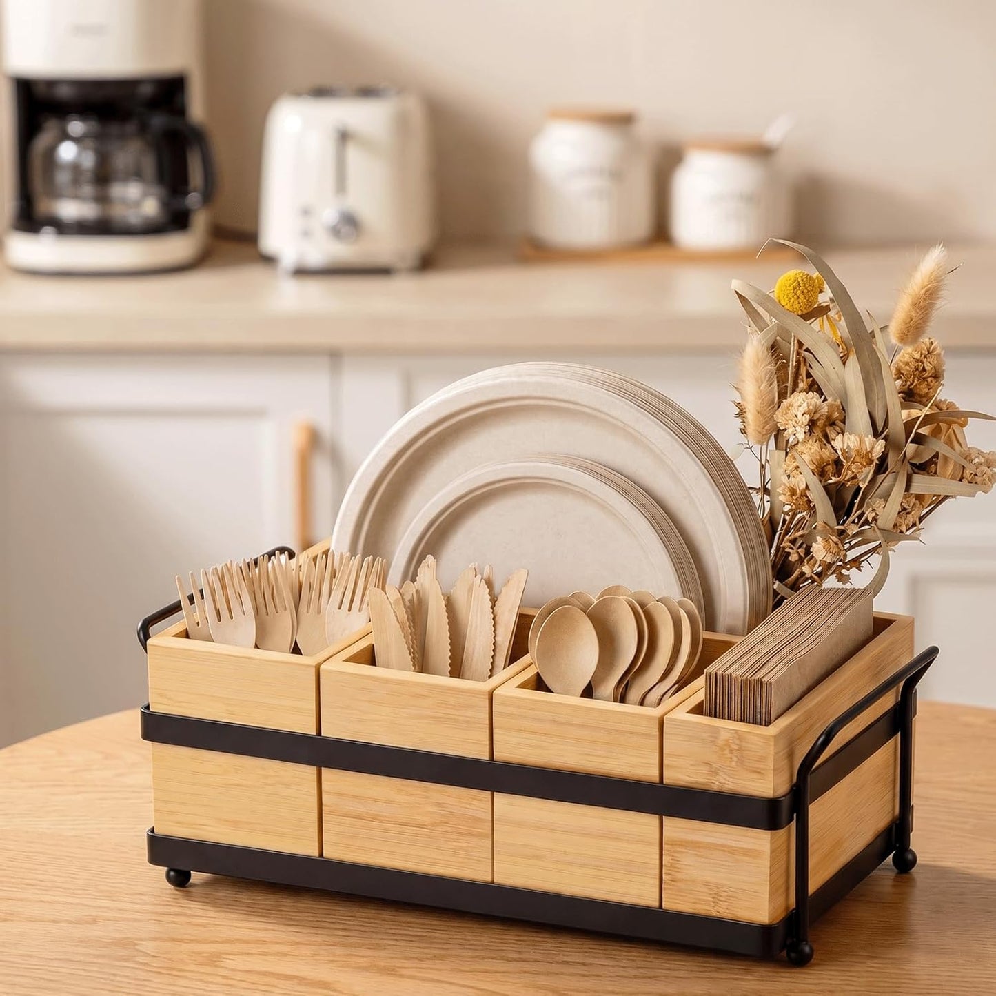 5-in-1 Bamboo Utensil Caddy and Paper Plate Organizer - Wooden Silverware Caddy with Napkin Holder and Portable Handle - Flatware Organizer for Kitchen Countertop, Camper RV, Buffet Party