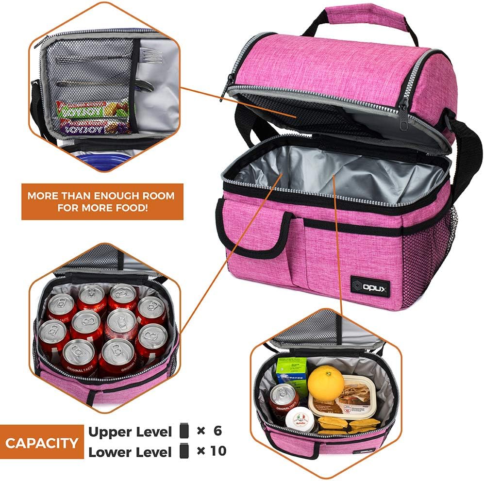 opux Insulated Lunch Bag Women Men, Dual Compartment Leakproof Lunch Box Adults Kids, Double Decker Meal Prep Bento Lunch Cooler Tote with Shoulder Strap for Work Office School Travel, Floral Purple