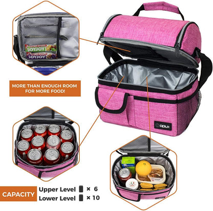 opux Insulated Lunch Bag Women Men, Dual Compartment Leakproof Lunch Box Adults Kids, Double Decker Meal Prep Bento Lunch Cooler Tote with Shoulder Strap for Work Office School Travel, Floral Purple