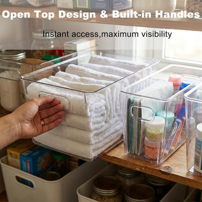 MOONEDGE 6 Pack Clear Organizer Bins 11x8x6in Pantry Organizers and Storage | Clear Containers for Organizing, Plastic Storage Bins with Handles for Drawer, Craft, Fridge, Kitchen Cabinet Shelf