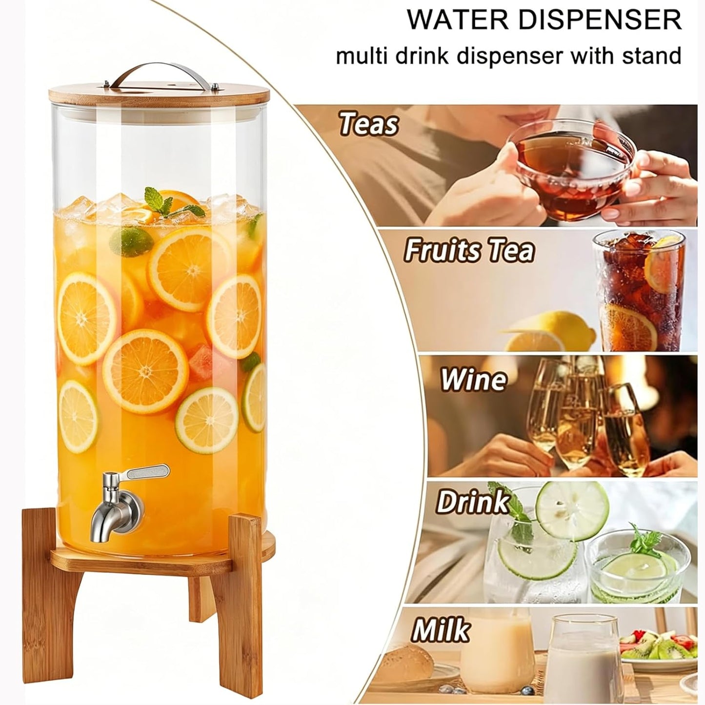 Beverage Dispenser,2.1 Gallon Glass Drink Dispenser with Stand,Glass water dispenser with Spigot, Large Drink Dispensers for Parties,Water Dispensers for Bar,Wedding,Restaurants 8L