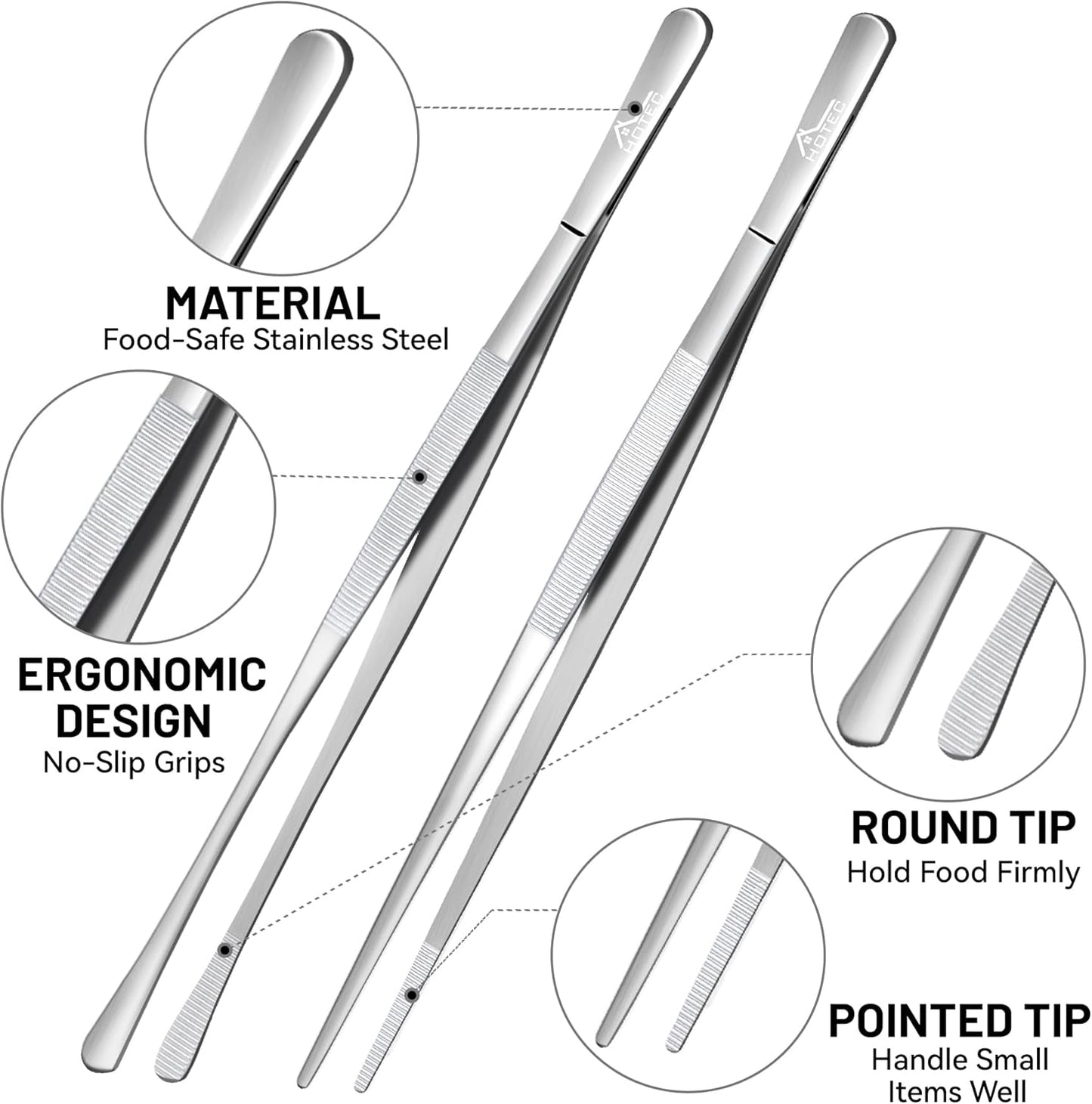 HOTEC Kitchen Tweezers Tongs Stainless Steel Professional Chef Tweezers, Set of 3-6.3", 10" and 12inch Food Tongs for Cooking, Repairing, Dessert, BBQ, Meat, Pasta