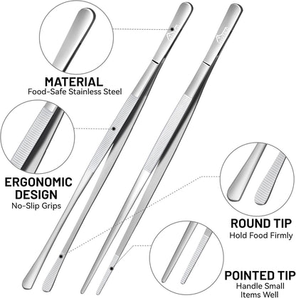 HOTEC Kitchen Tweezers Tongs Stainless Steel Professional Chef Tweezers, Set of 3-6.3", 10" and 12inch Food Tongs for Cooking, Repairing, Dessert, BBQ, Meat, Pasta