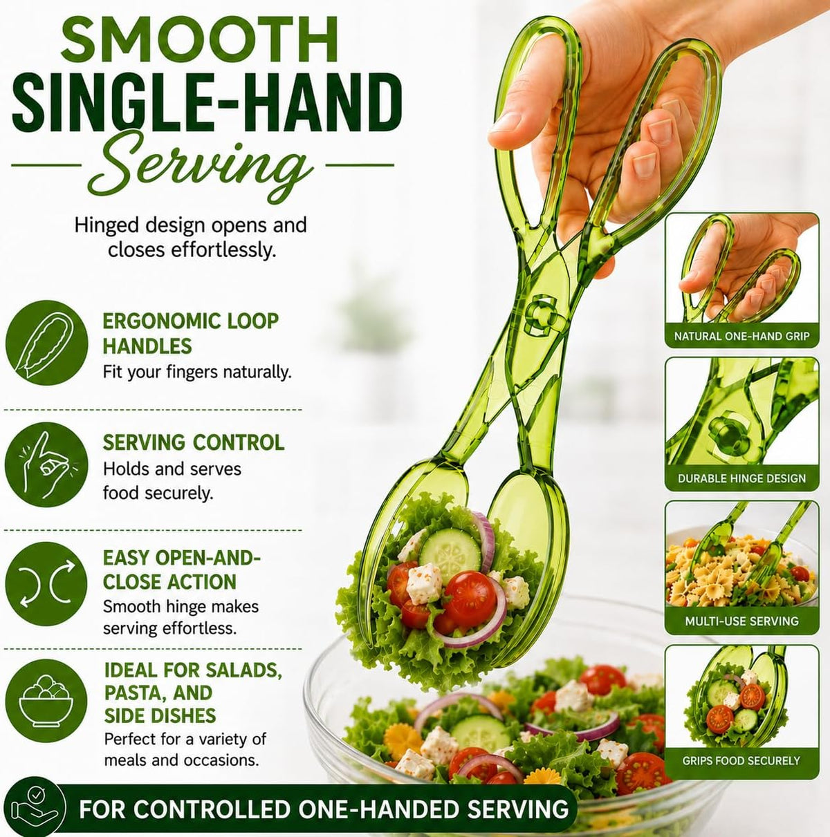 HIC Kitchen Salad Tong, Hinged Design, Detachable Fork and Spoon Green