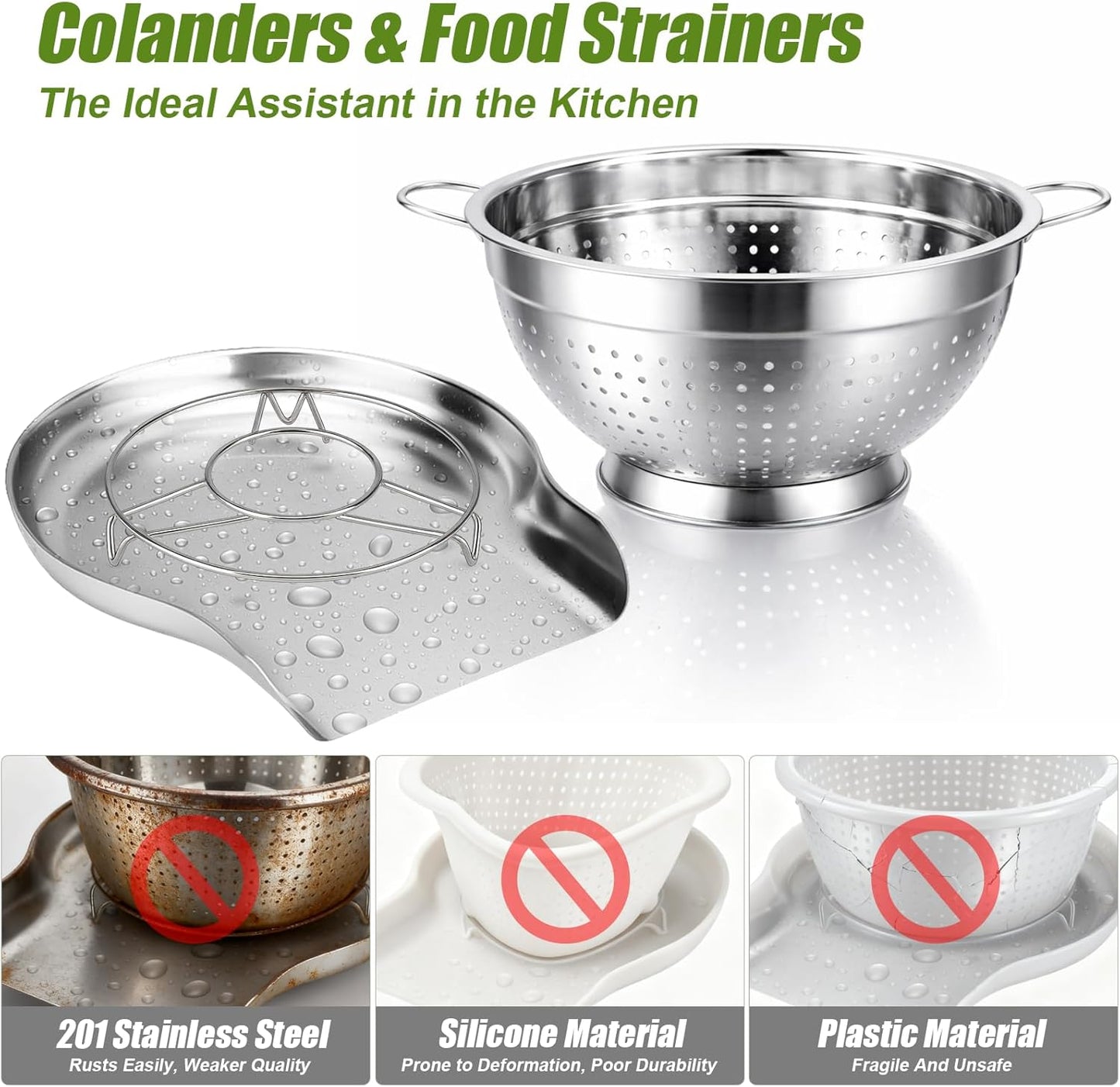 Palksky Stainless Steel Colander Set with Self-Draining Base, 3 Sizes Colanders & Food Strainers for Pasta, Rice, Fruits & Veggies, Metal Colander with Draining Plate for Sink or Countertop