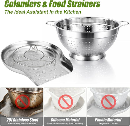 Palksky Stainless Steel Colander Set with Self-Draining Base, 3 Sizes Colanders & Food Strainers for Pasta, Rice, Fruits & Veggies, Metal Colander with Draining Plate for Sink or Countertop