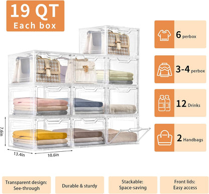 Freebat 6 Pack Closet Organizers and Storage,Clear Stackable Plastic Storage Bins with Lids Magnetic Doors,Clothes Organizers and Storage,Plastic Craft Containers for Wardrobe Kitchen Bathroom Office