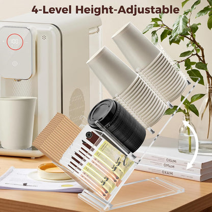 Acrylic Cup and Lid Holder, Adjustable Holder Organizer Disposable Cup Dispenser Stand with Coffee Pod, Creamer Straw Organizer Countertop for Coffee Bar Station Bakery Breakroom