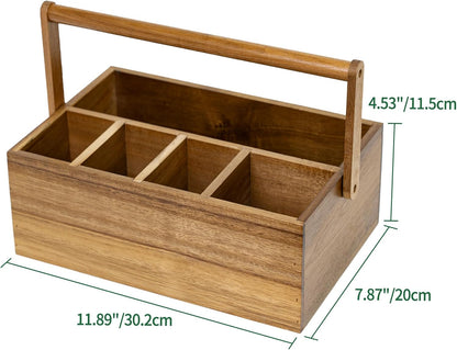 VaeFae Acacia Silverware Caddy with Handle, Wooden Utensil Holder, Mulip-pose Organizer for Kitchen, Office, Bathroom, Bedroom