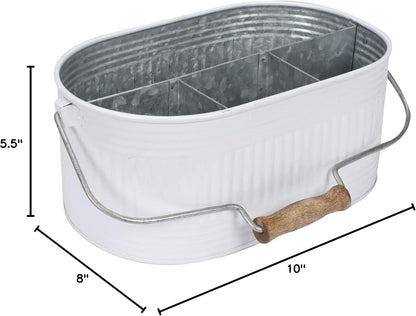 Alpha Living Home Galvanized Metal Utensil Caddy - Rustic Farmhouse Organizer Metal Garden Caddy with 4 Compartments and Wooden Handle for Kitchen, Buffet & Outdoor Events (Silver)