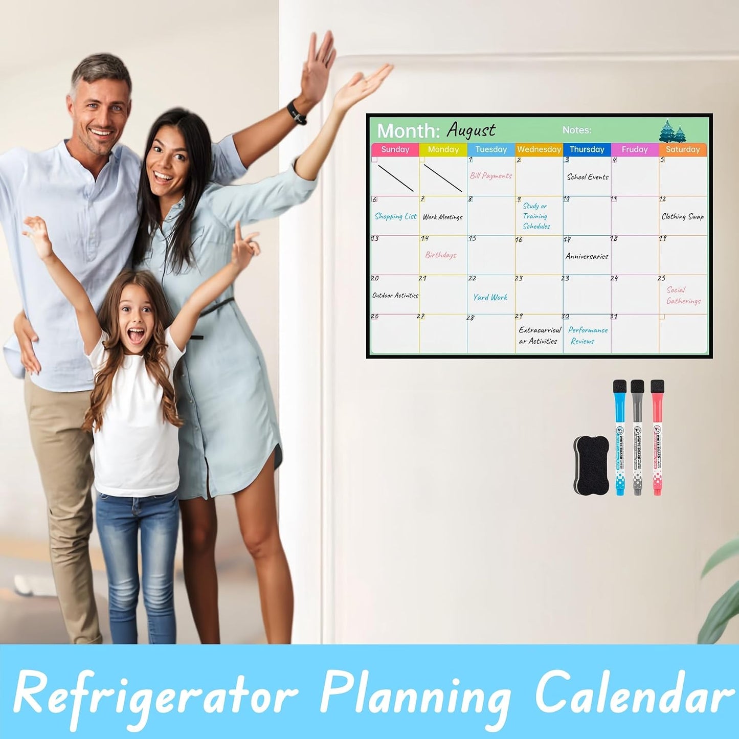 Magnetic Calendar Combo Set – 17x12” Magnetic Monthly & Weekly Dry Erase Calendar for Fridge, Family and Classroom Planning, Includes 3 Markers and Eraser