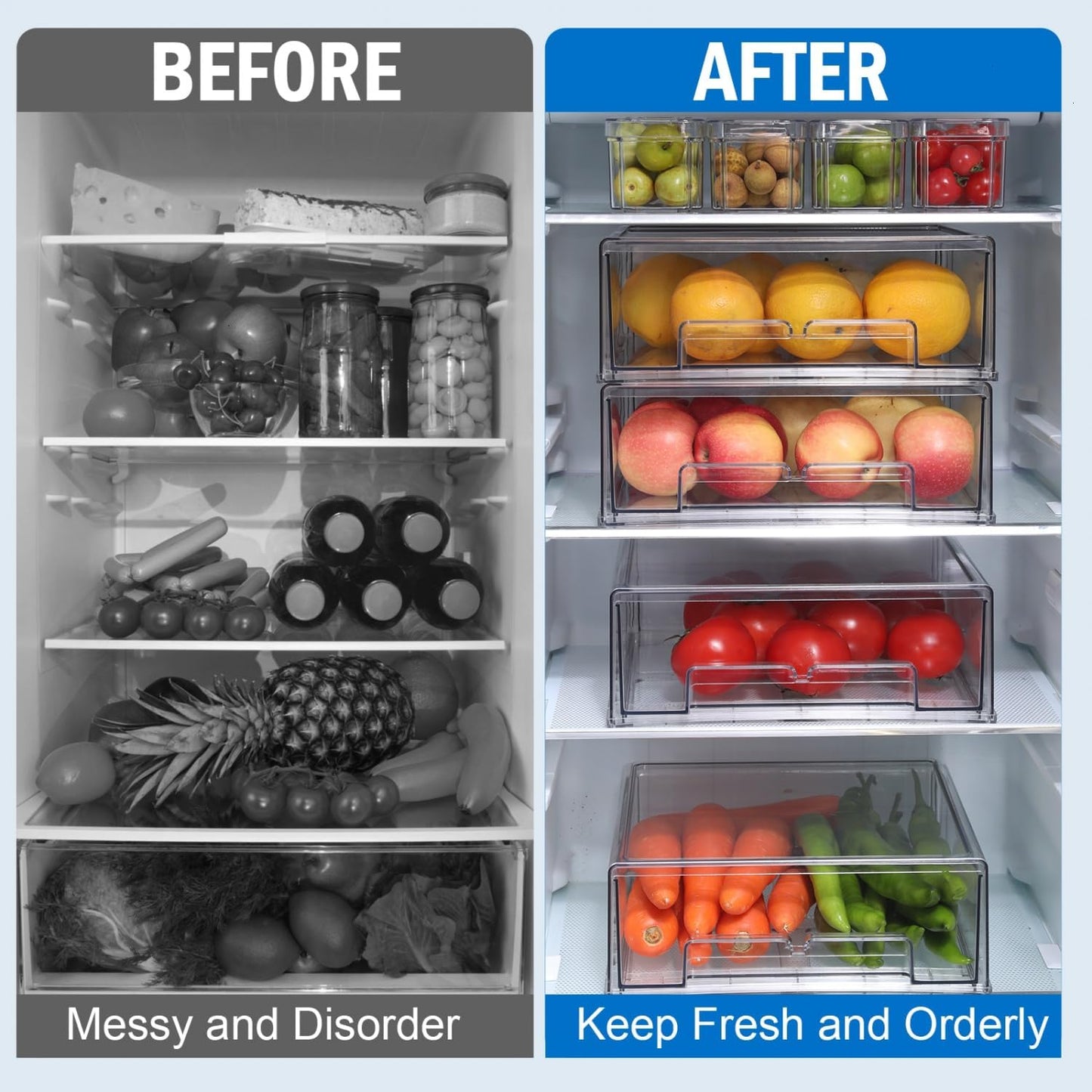 Pomeat 10 Pack Fridge Organizers and Storage Drawers Stackable Refrigerator Organizer Bins Pull out Drawer Clear Fridge Organizer Bins with Lids Fruit and Vegetable Storage Refrigerator Organization