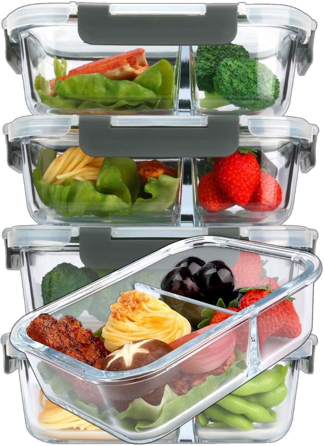 MCIRCO 36oz Single Compartment Glass Meal Prep Containers set of 5 and 36oz 2 Compartments Portion Control Glass Meal Prep Containers set of 5