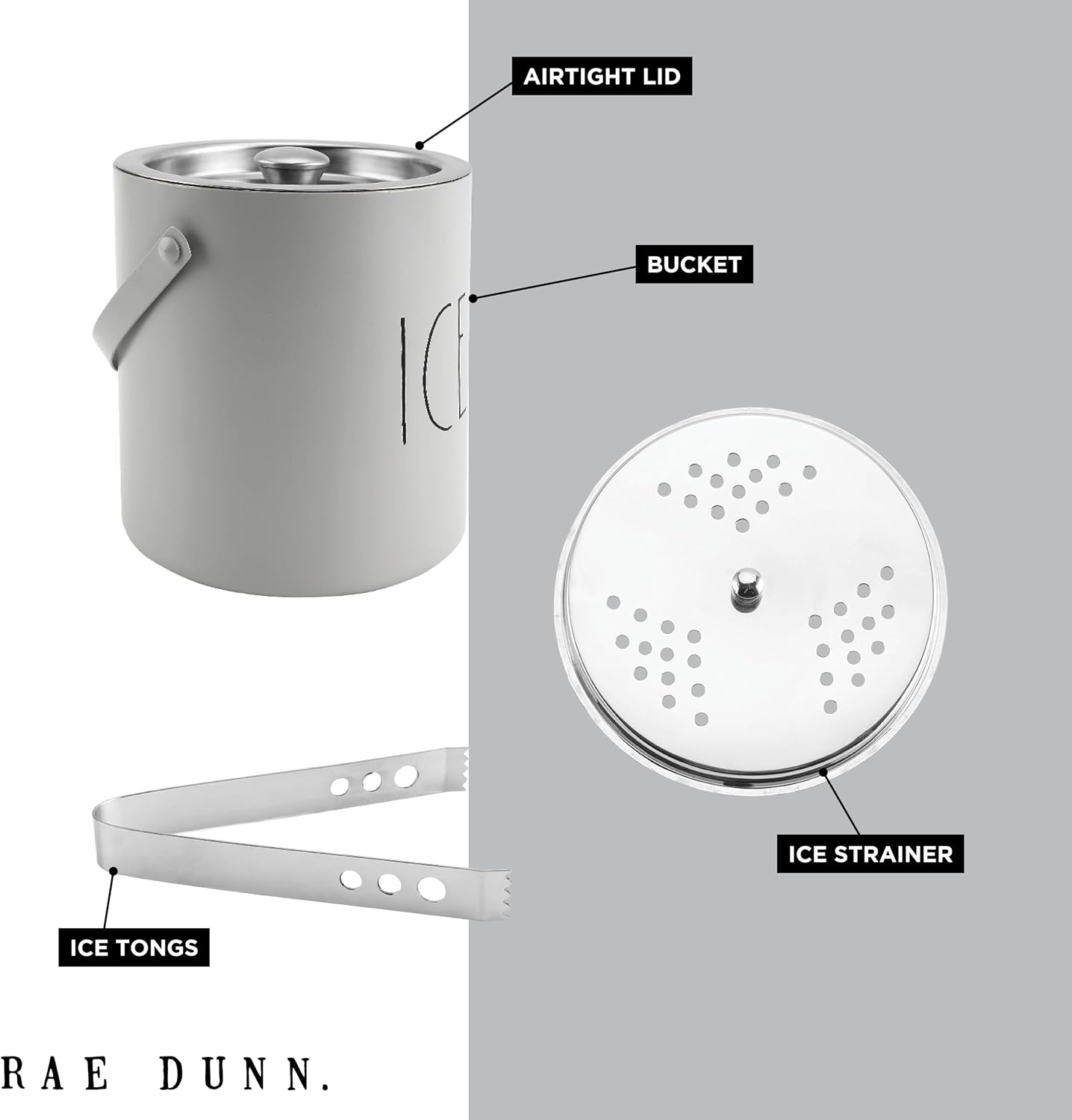 Rae Dunn Ice Bucket with Scoop - Stainless Steel Bucket with Handle, Lid and Ice Scooper - 4 Qt. Storage Bin for Ice Cubes for Bars, Parties, Backyard Barbeques, Picnics, and Camping (Black)