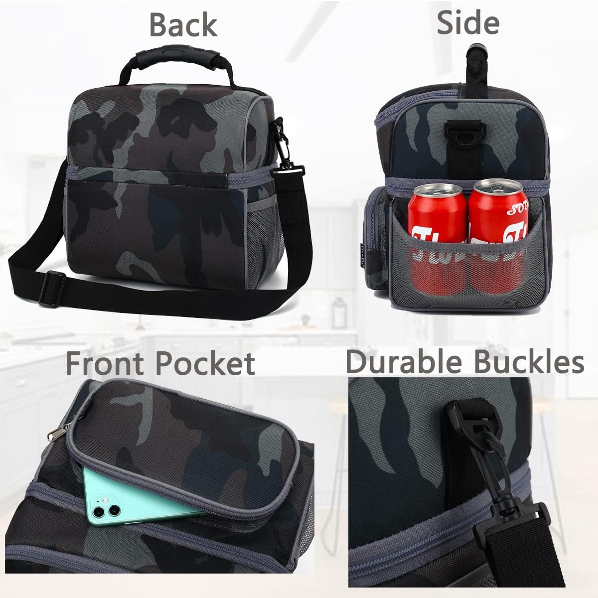 FlowFly Double Layer Cooler Insulated Lunch Bag Adult Lunch Box Large Tote Bag for Men, Women, With Adjustable Strap,Front Pocket and Dual Large Mesh Side Pockets