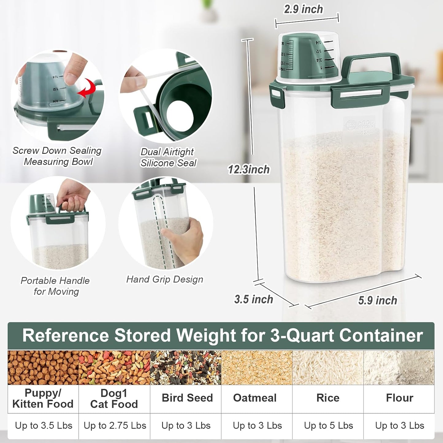 TBMax Rice Container 10 Lbs, Cereal Container Oatmeal Storage, Airtight Food Dispenser with Easy-pouring Spout & Handy Cup for Flour Grain Beans, Pet Dog Cat Bird Food Storage Container