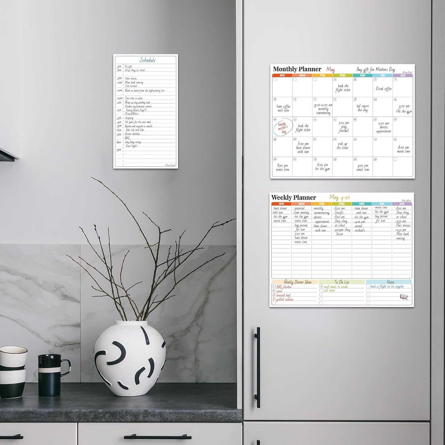 Non-Magnetic Dry Erase Calendar Set for Fridge - Reusable Monthly and Weekly Calendar Sticks to Most Smooth Surfaces - 6 Dry Erase Markers Included - Shipped Flat