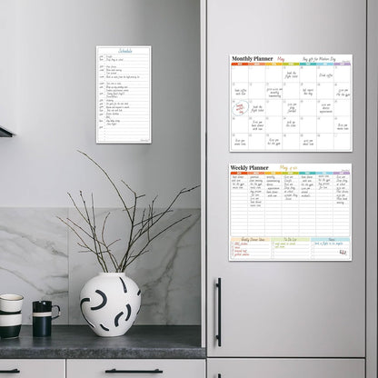 Non-Magnetic Dry Erase Calendar Set for Fridge - Reusable Monthly and Weekly Calendar Sticks to Most Smooth Surfaces - 6 Dry Erase Markers Included - Shipped Flat