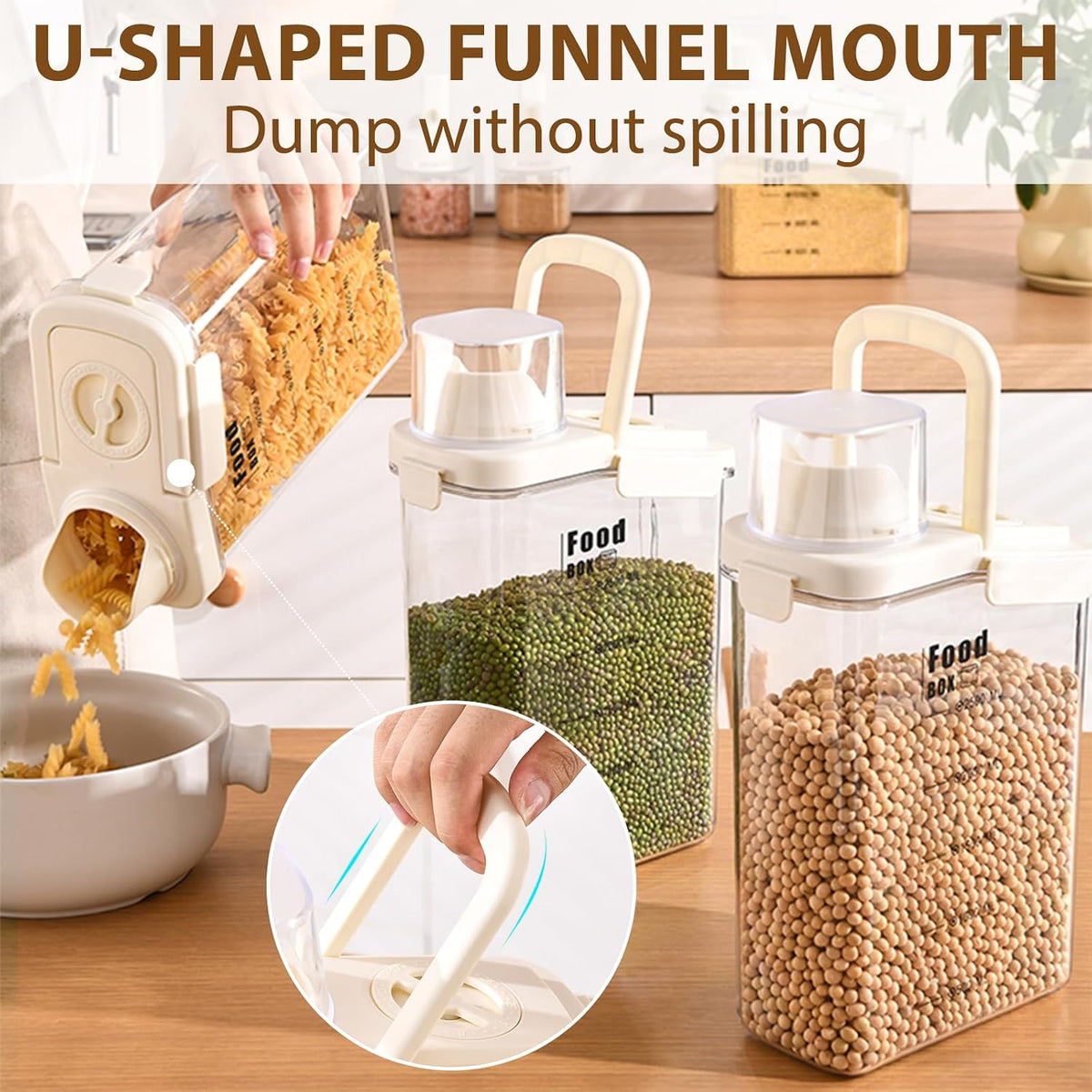 2800ml sealed food storage container with dumping outlet and handle, 2 transparent plastic kitchen grain distributors, suitable for grains, snacks, beans and flour.