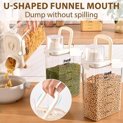2800ml sealed food storage container with dumping outlet and handle, 2 transparent plastic kitchen grain distributors, suitable for grains, snacks, beans and flour.