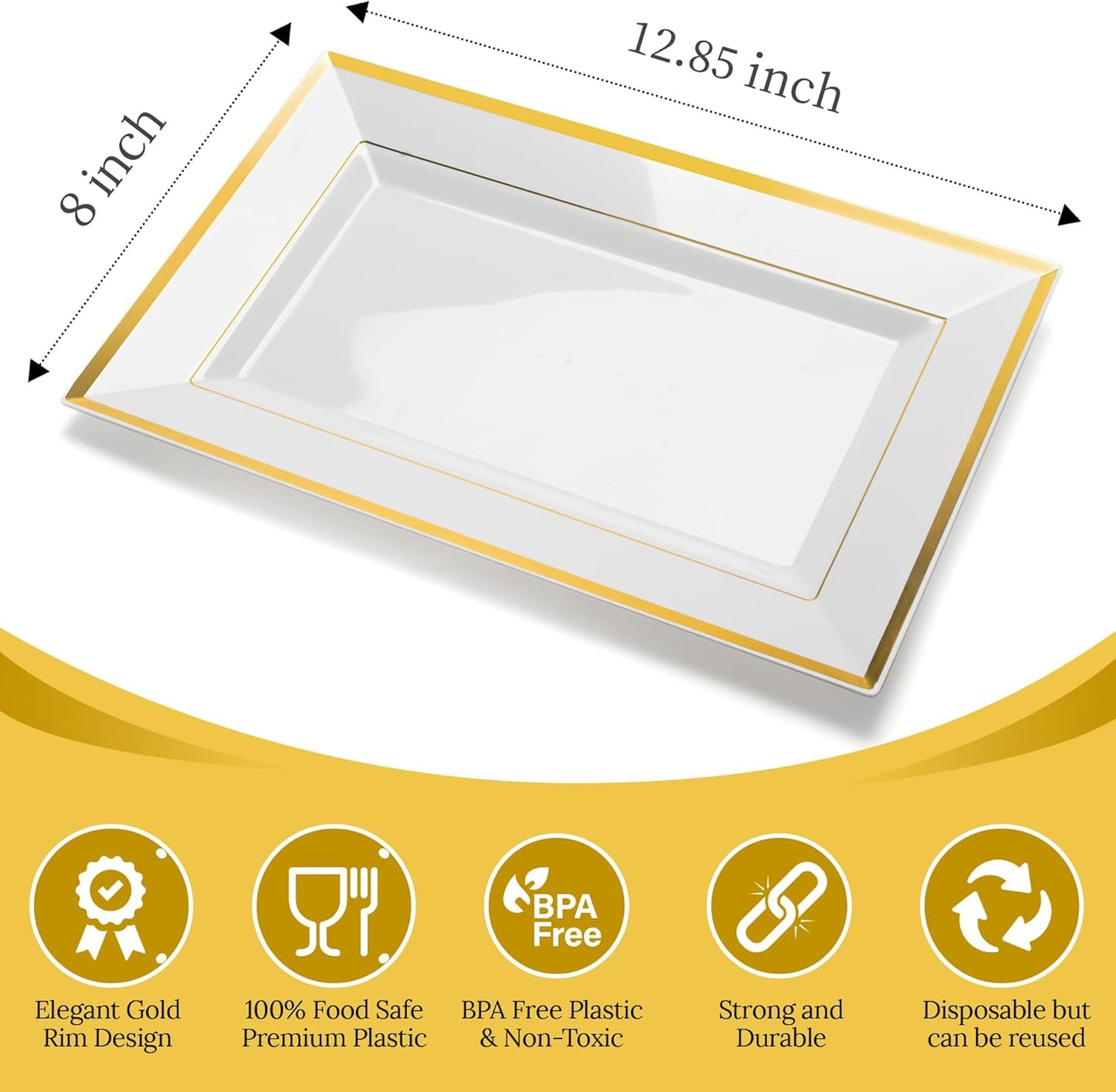 Elegant Plastic Serving Tray & Platter Set (6pk) - White & Gold Rim Disposable Serving Trays & Platters for Food - Weddings, Upscale Parties, Dessert Table, Cupcakes - 8 x 12.85 inches