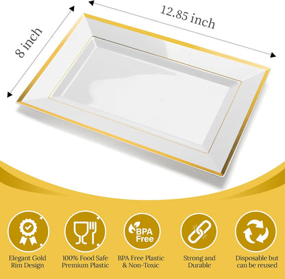 Elegant Plastic Serving Tray & Platter Set (6pk) - White & Gold Rim Disposable Serving Trays & Platters for Food - Weddings, Upscale Parties, Dessert Table, Cupcakes - 8 x 12.85 inches