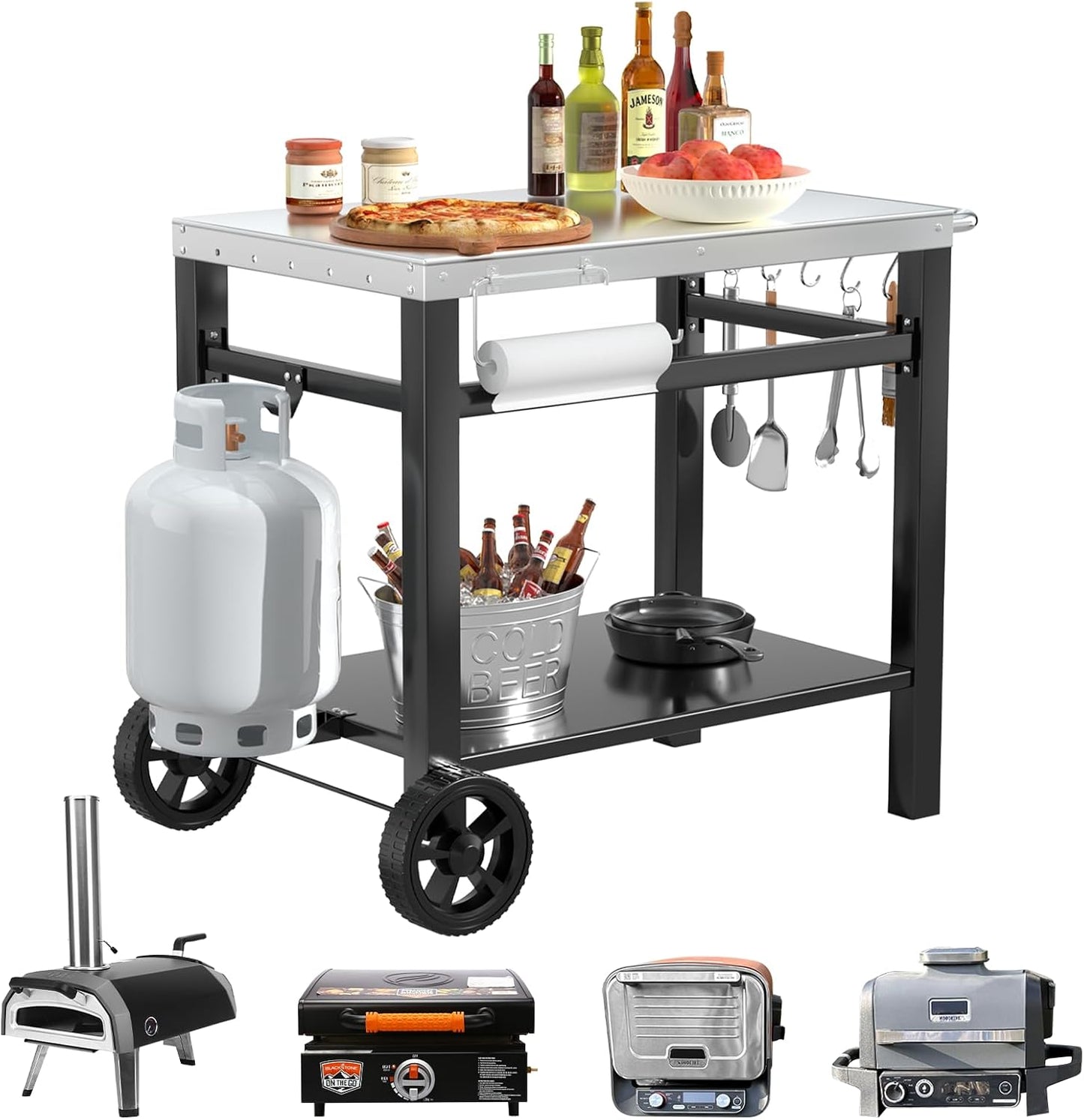 Upgraded Pizza Oven Cart Table for Ooni Koda/Karu/Fyra 16 & 12, Movable Thicken & Widen Rolling Kitchen Cart, Outdoor Grill Stand for Ninja Woodfire,Blackstone Griddle,Barbecue Tool Set