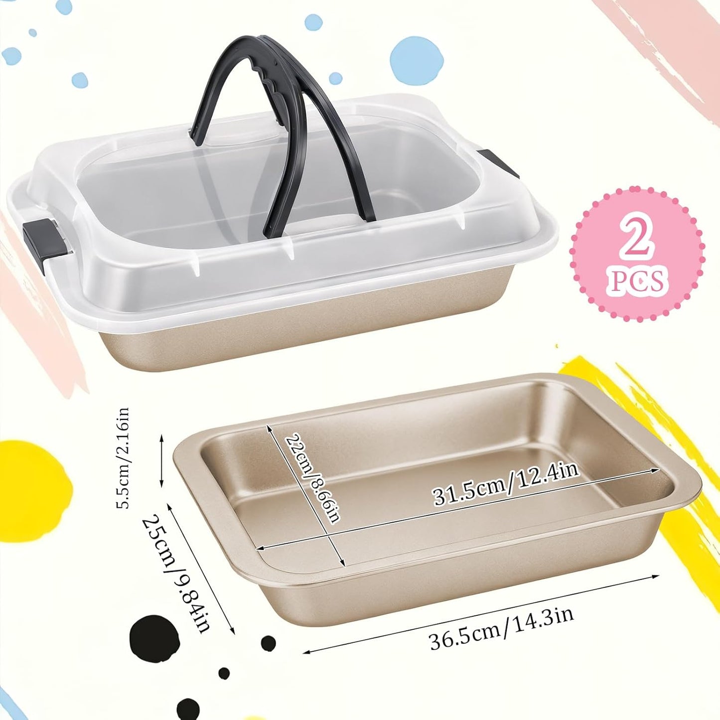 2 Pcs Cake Baking Pan with Lid and Handle, 9 x 13 Inch Non-Stick Rectangle Cake Pan Carrier Carbon Steel Baking Tray for Brownie Roasting Cooking