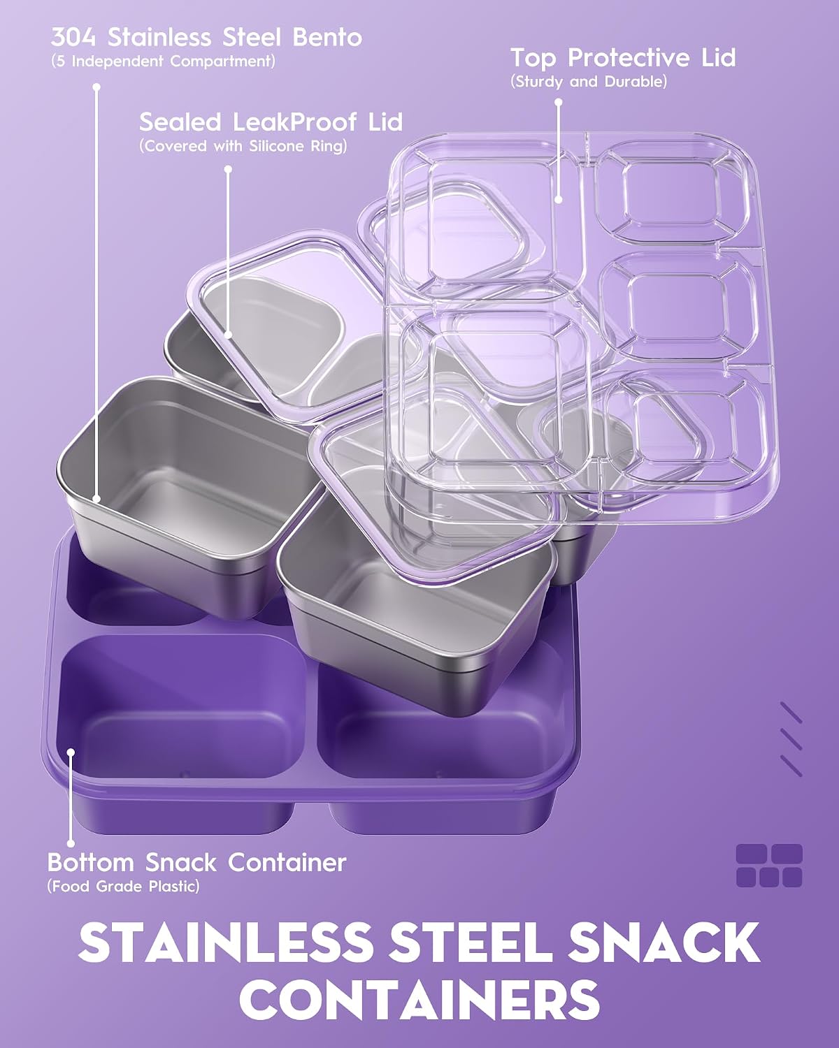BiuLeon Snackle Box Containers, Stainless Steel 5 Compartments Divided Serving Tray with Lid, Removable LeakProof Portable Bento Box for Fruit Candy Nuts Food - School, Picnic and Travel（Blue）