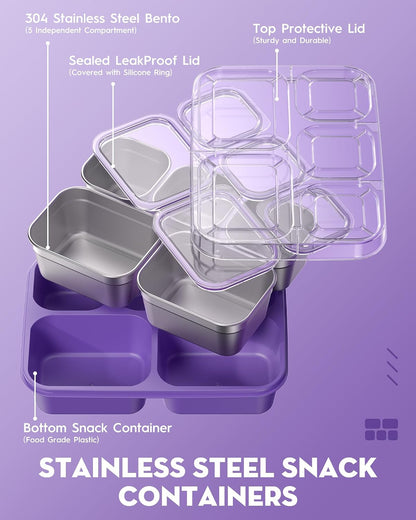 BiuLeon Snackle Box Containers, Stainless Steel 5 Compartments Divided Serving Tray with Lid, Removable LeakProof Portable Bento Box for Fruit Candy Nuts Food - School, Picnic and Travel（Blue）