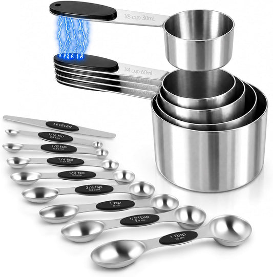 Magnetic Measuring Cups and Spoons Set, Strong N45 Magnets, 304 Stainless Steel, Double-Sided Measuring Spoons, 14-Piece Set with Leveler for Baking & Cooking