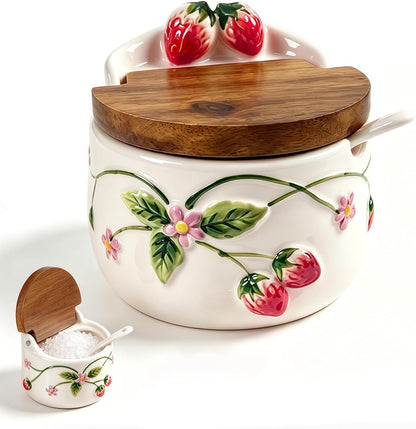 Ceramic Salt Cellar Strawberry Relief Lid Jar Spoon