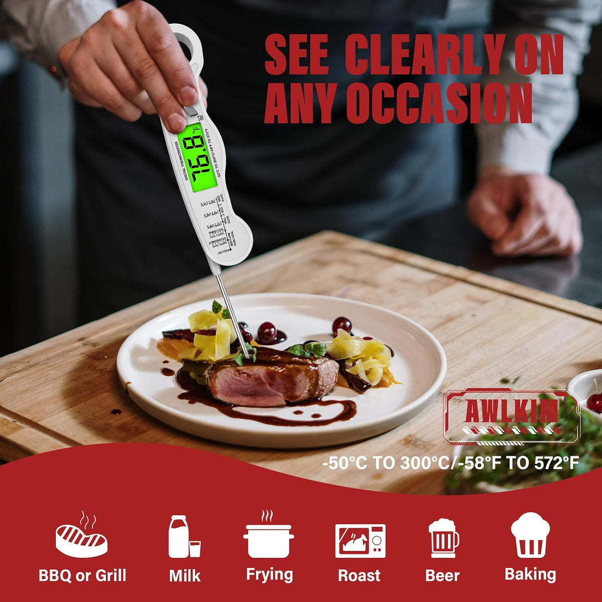 AWLKIM Meat Thermometer Digital, Instant Read Food Thermometer, Red
