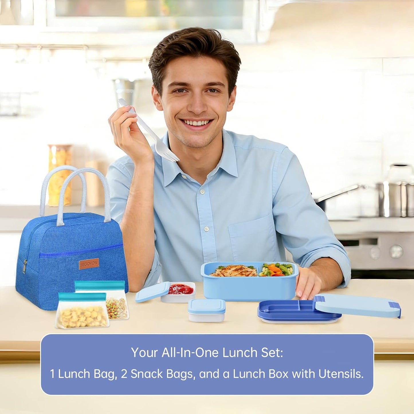 JBGOYON Bento Box and Lunch Bag Set, Leak-Proof Lunch Box for Adults and Kids with Built-in Utensils, Insulated for Work School Travel, Microwave & Dishwasher Safe, All-in-One (Purple)