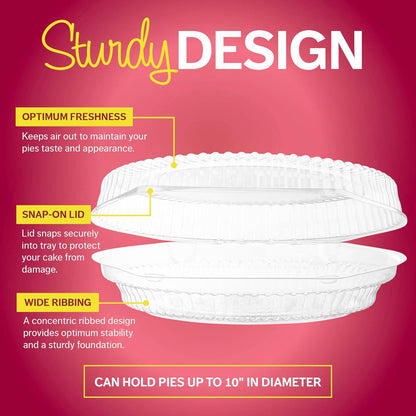 10" Plastic Disposable Pie Containers with Hinged Locking Lids | 5 Round Pie Keepers/Flan Cake Containers for Transport