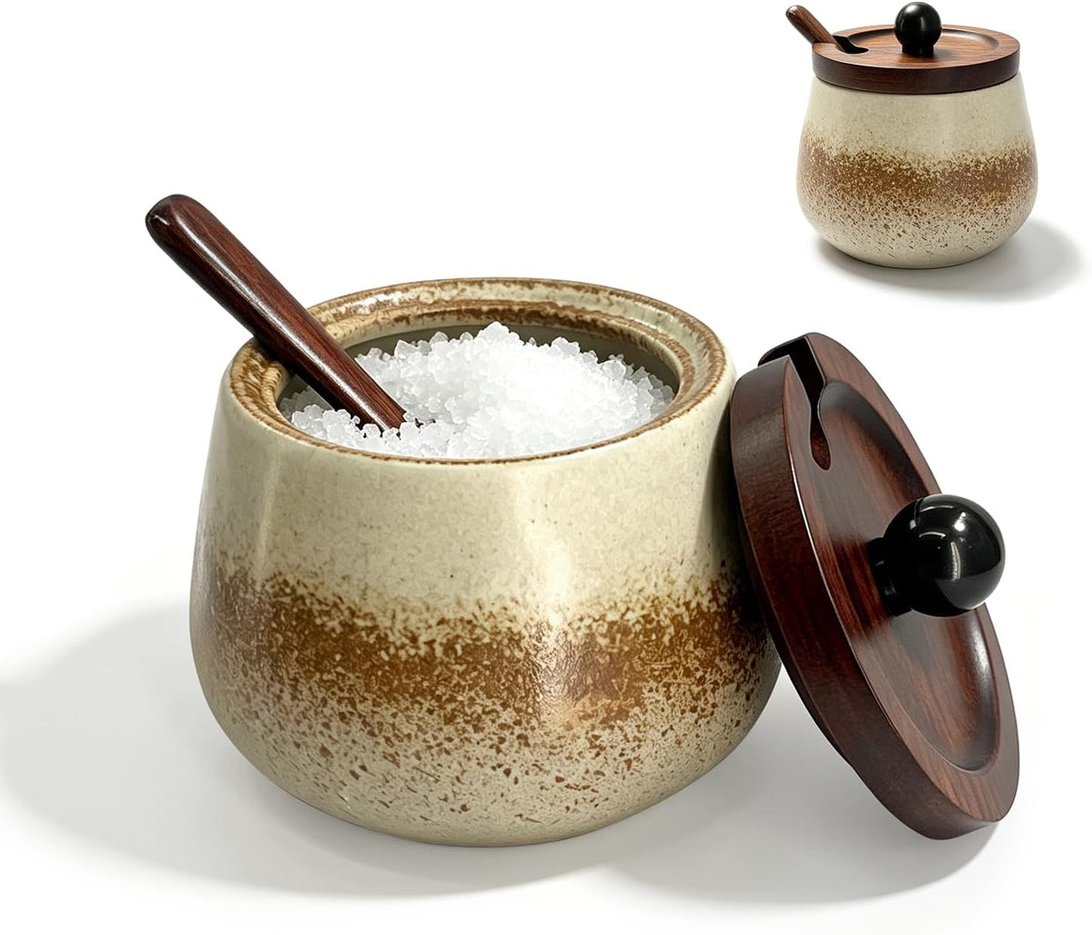 Ceramic Salt Cellar Bamboo Lid Spoon 3.5" Wide 12oz