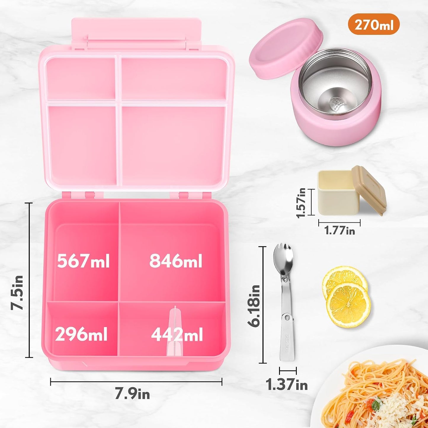 Lunch Box Kids with 5 Compartments, Insulated Food Jar & Utensils, Leak Proof Bento Box with Sauce Container, BPA-Free & Dishwasher Safe, Dinosaur Design(Purple)