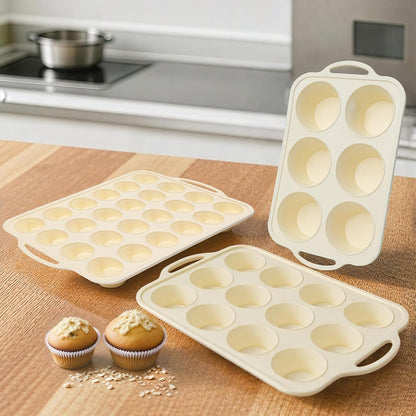 3Pcs Silicone Muffin Pan 6, 12 and 24 Cup with Metal Frame, Non Stick Jumbo Cupcake Pan with Handles, BPA Free Silicon Mini Muffin Tin Regular Tray For Baking,Egg Bites,Mold Light Grey