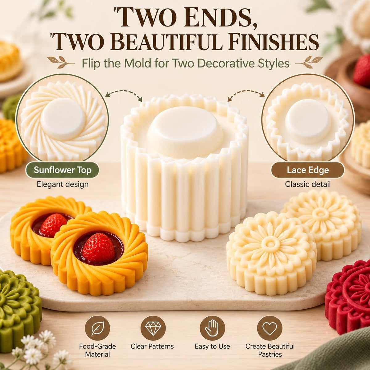 Sunflower Patterned Round Hand Press Mooncake Double Ended Pastry Mold