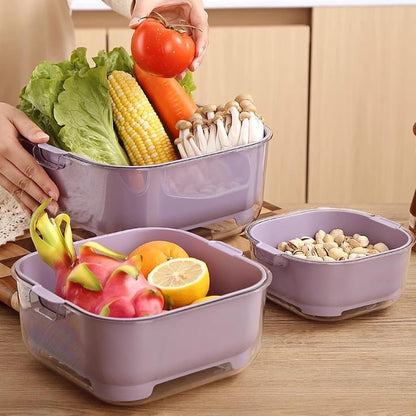 3 Pcs Set Double-Layer Plastic Colander, Large Capacity Food Strainers, Fruits Vegetable Washing Draining Basket, Detachable and Stackable Multi-Layer Strainer Bowl, Easy to Clean for Kitchen (Brown)