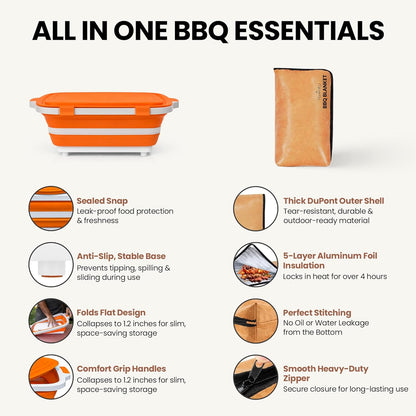 BBQ Prep Tub with BBQ Blanket, 16L Multifunctional Camping Cutting Board with Locking Lid, Reusable Meat Resting Bag for Smoking, Collapsible Dish Basin for Marinating Food (Large 16L)