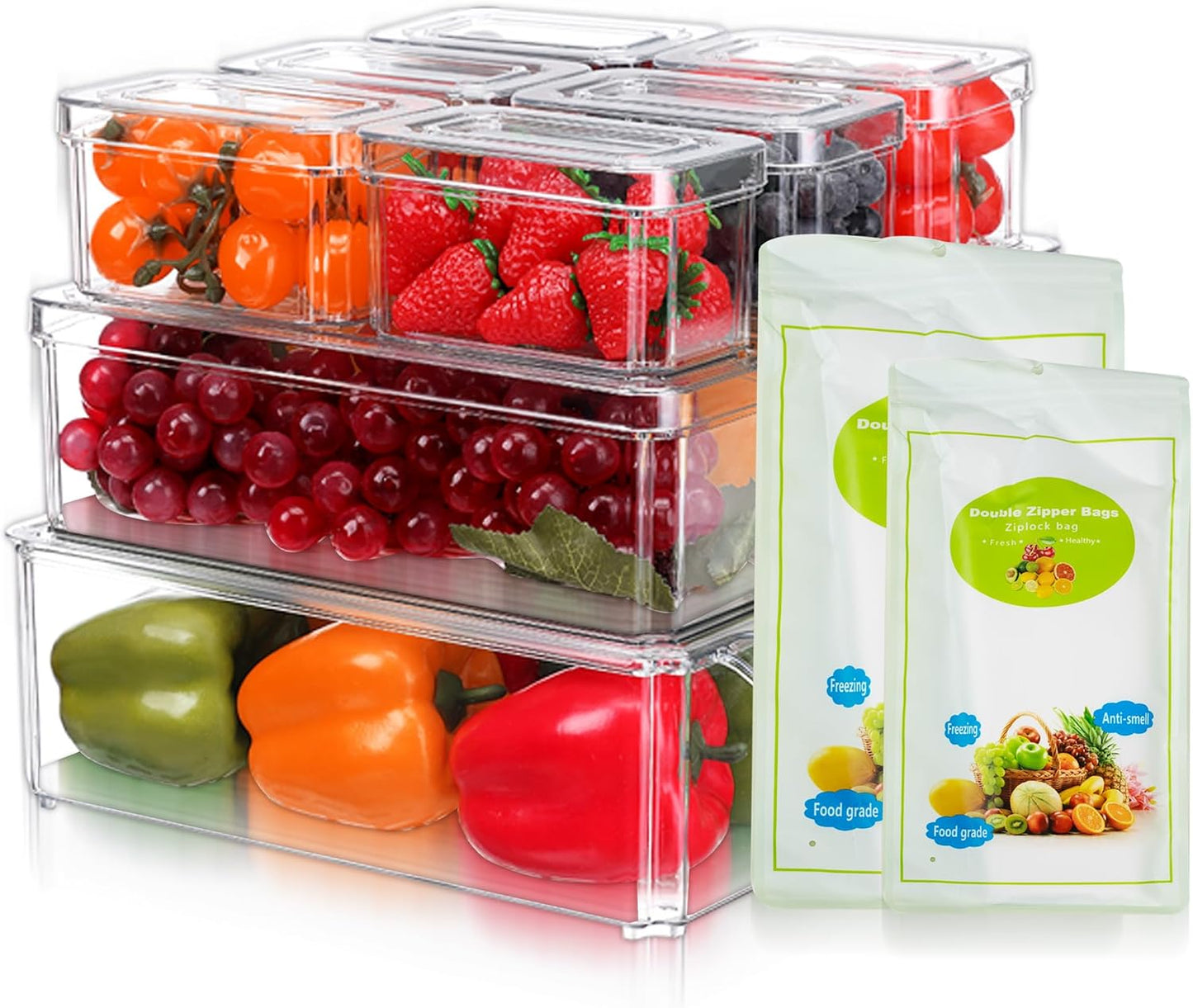 Clear Fridge Organizer Bins - 10 pcs Refrigerator Organizers and Storage Set for Fridge, Freezer, Kitchen, Stackable Pantry Organizer Bins - Includes Pack of 20 Food Bags - Ideal for Food & Drinks